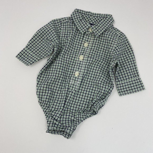Baby Gap Boys Button Down Bodysuit Lush Green Gingham Size 0-3 Months - Picture 2 of 4